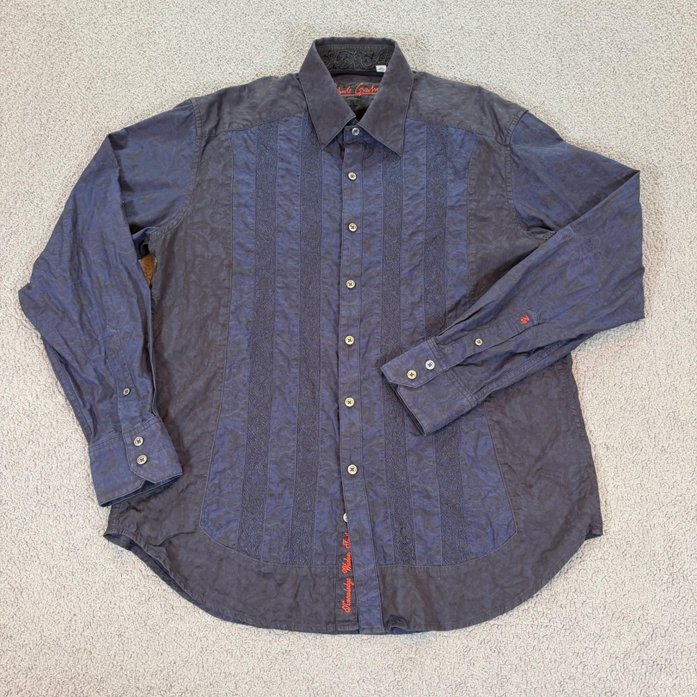 Robert Graham Mens Navy Blue Paisley Embroidered Button Down Shirt Large L